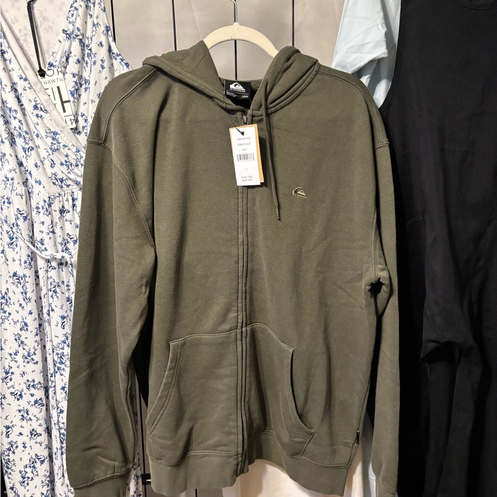 😍NWT Quiksilver Men’s Khaki Zip-Up Hoodie size Large